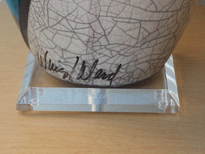 I Like Mike's Mid-Century Modern lighting Pair Large Marc Ward Raku Crackle Pottery Lamps with Lucite Bases, Blue & White