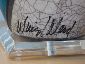 I Like Mike's Mid-Century Modern lighting Pair Large Marc Ward Raku Crackle Pottery Lamps with Lucite Bases, Blue & White