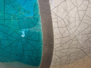 I Like Mike's Mid-Century Modern lighting Pair Large Marc Ward Raku Crackle Pottery Lamps with Lucite Bases, Blue & White