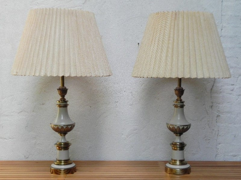 I Like Mike's Mid Century Modern lighting Pair Large Stiffel White Enameled Brass Table Lamps, Original Pleated Shades, 3-way Switches