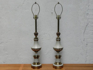 I Like Mike's Mid Century Modern lighting Pair Large Stiffel White Enameled Brass Table Lamps, Original Pleated Shades, 3-way Switches