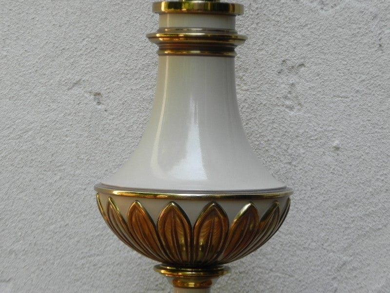 I Like Mike's Mid Century Modern lighting Pair Large Stiffel White Enameled Brass Table Lamps, Original Pleated Shades, 3-way Switches