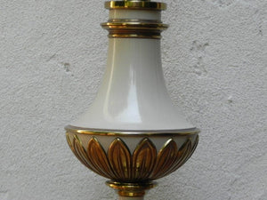I Like Mike's Mid Century Modern lighting Pair Large Stiffel White Enameled Brass Table Lamps, Original Pleated Shades, 3-way Switches