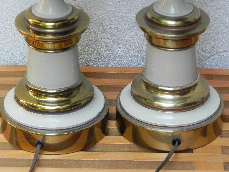 I Like Mike's Mid Century Modern lighting Pair Large Stiffel White Enameled Brass Table Lamps, Original Pleated Shades, 3-way Switches