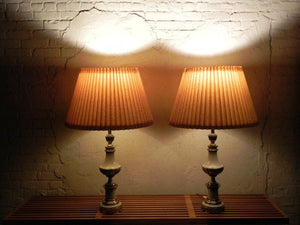 I Like Mike's Mid Century Modern lighting Pair Large Stiffel White Enameled Brass Table Lamps, Original Pleated Shades, 3-way Switches