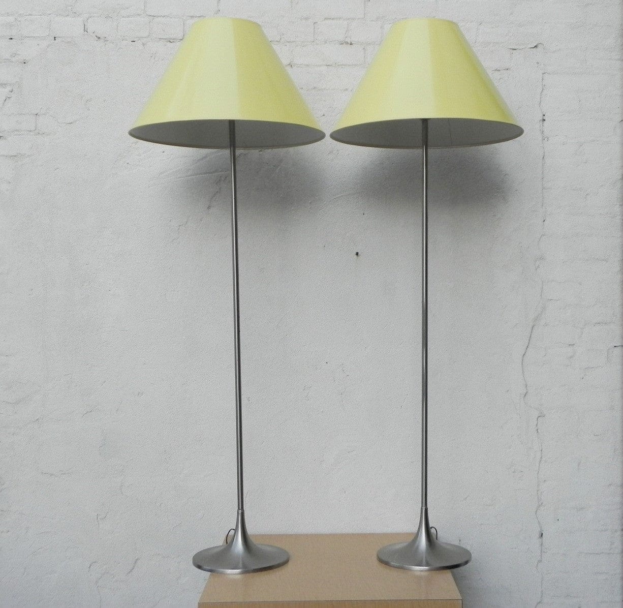 I Like Mike's Mid Century Modern lighting Pair Laurel Brushed Aluminum Floor Lamps with Canary Yellow Cone Shades