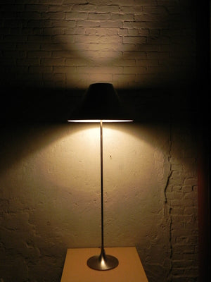 I Like Mike's Mid Century Modern lighting Pair Laurel Brushed Aluminum Floor Lamps with Canary Yellow Cone Shades