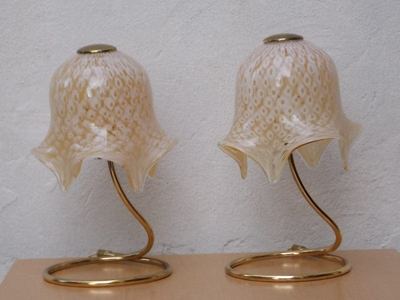 I Like Mike's Mid-Century Modern lighting Pair Murano Hand Made Glass Handerchief Floral Gold White Dresser Lamps