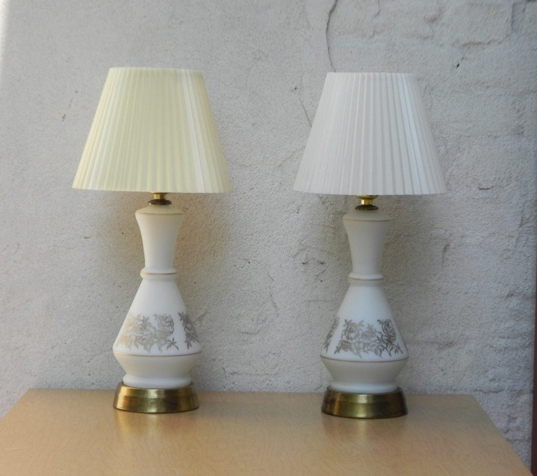 I Like Mike's Mid Century Modern lighting Pair Small White Glass Lamps with Gold Roses. Light Up Bases, Circa 1960