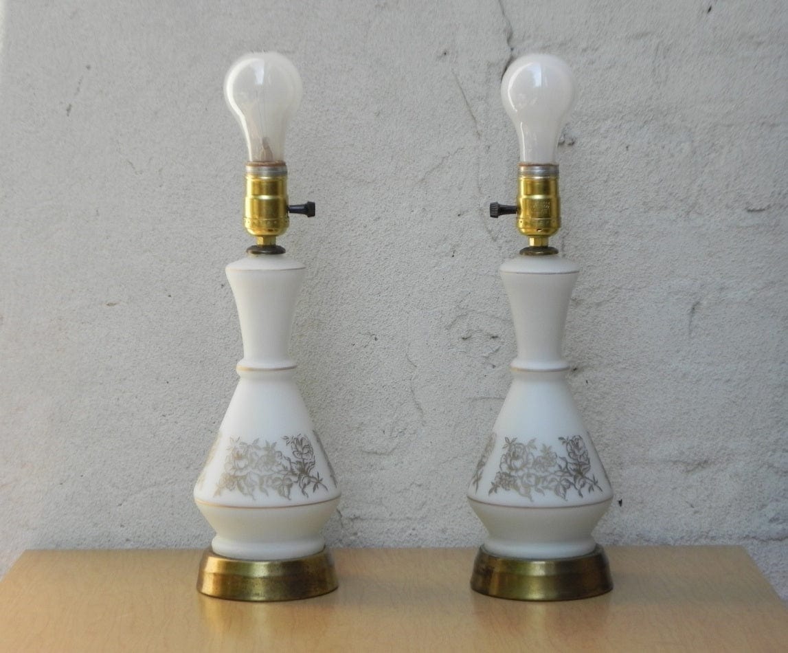 I Like Mike's Mid Century Modern lighting Pair Small White Glass Lamps with Gold Roses. Light Up Bases, Circa 1960