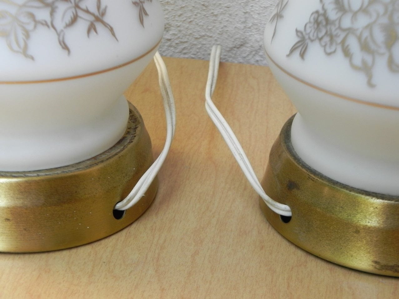 I Like Mike's Mid Century Modern lighting Pair Small White Glass Lamps with Gold Roses. Light Up Bases, Circa 1960
