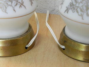 I Like Mike's Mid Century Modern lighting Pair Small White Glass Lamps with Gold Roses. Light Up Bases, Circa 1960