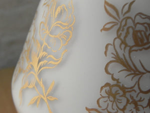 I Like Mike's Mid Century Modern lighting Pair Small White Glass Lamps with Gold Roses. Light Up Bases, Circa 1960