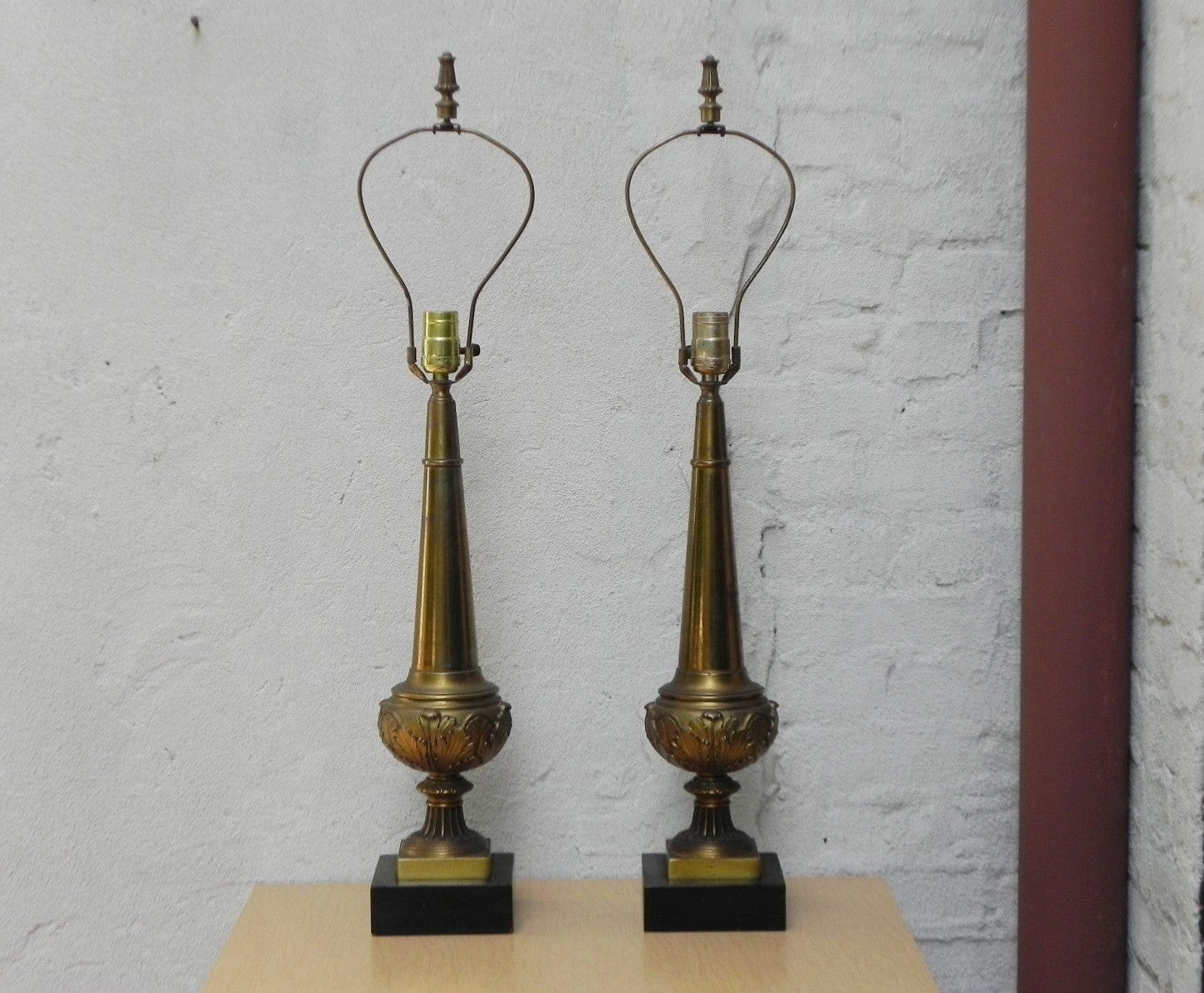 Pair Stiffel Cast Brass Neo Classical Obelisk Table Lamps - I Like