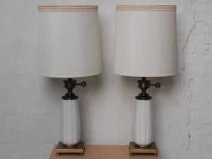I Like Mike's Mid-Century Modern lighting Pair Stiffel White Ceramic Cast Brass Heavy Lamps With Original Shades