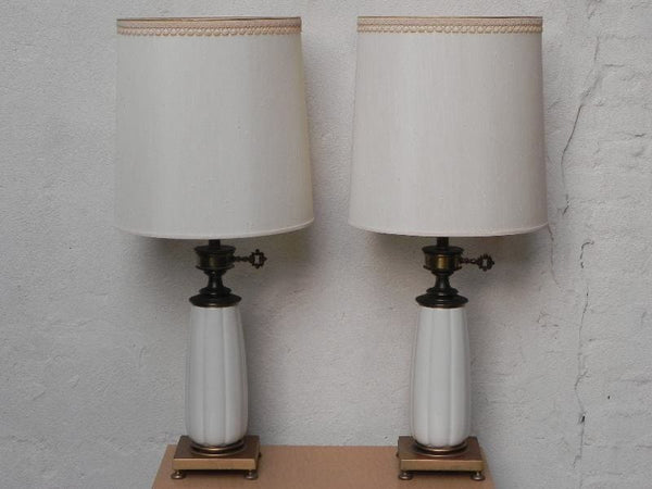 Pair Large Stiffel White Enameled Brass Table Lamps With Original