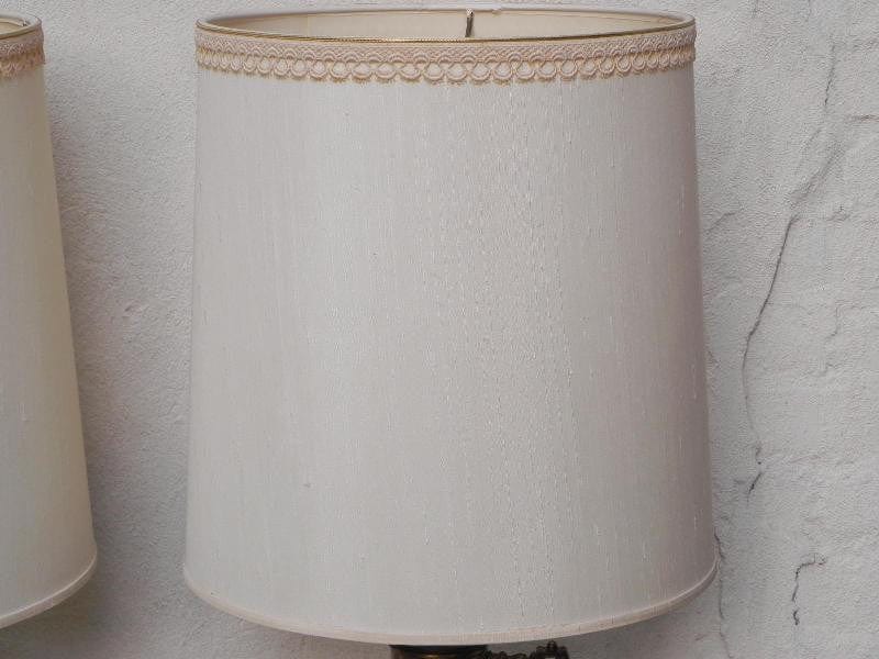 I Like Mike's Mid-Century Modern lighting Pair Stiffel White Ceramic Cast Brass Heavy Lamps With Original Shades