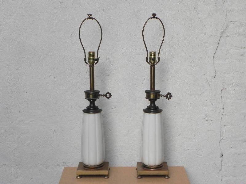 I Like Mike's Mid-Century Modern lighting Pair Stiffel White Ceramic Cast Brass Heavy Lamps With Original Shades