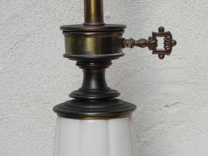 I Like Mike's Mid-Century Modern lighting Pair Stiffel White Ceramic Cast Brass Heavy Lamps With Original Shades