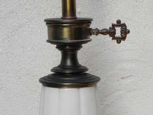 I Like Mike's Mid-Century Modern lighting Pair Stiffel White Ceramic Cast Brass Heavy Lamps With Original Shades