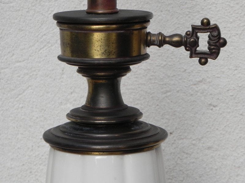 I Like Mike's Mid-Century Modern lighting Pair Stiffel White Ceramic Cast Brass Heavy Lamps With Original Shades