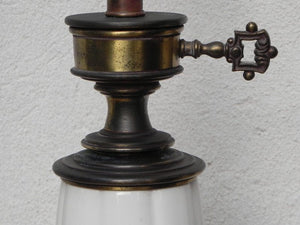 I Like Mike's Mid-Century Modern lighting Pair Stiffel White Ceramic Cast Brass Heavy Lamps With Original Shades
