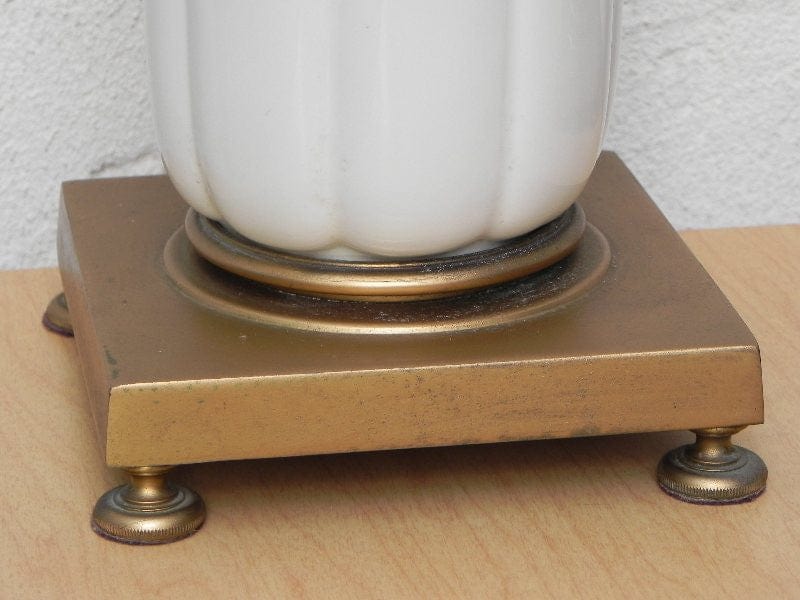 I Like Mike's Mid-Century Modern lighting Pair Stiffel White Ceramic Cast Brass Heavy Lamps With Original Shades
