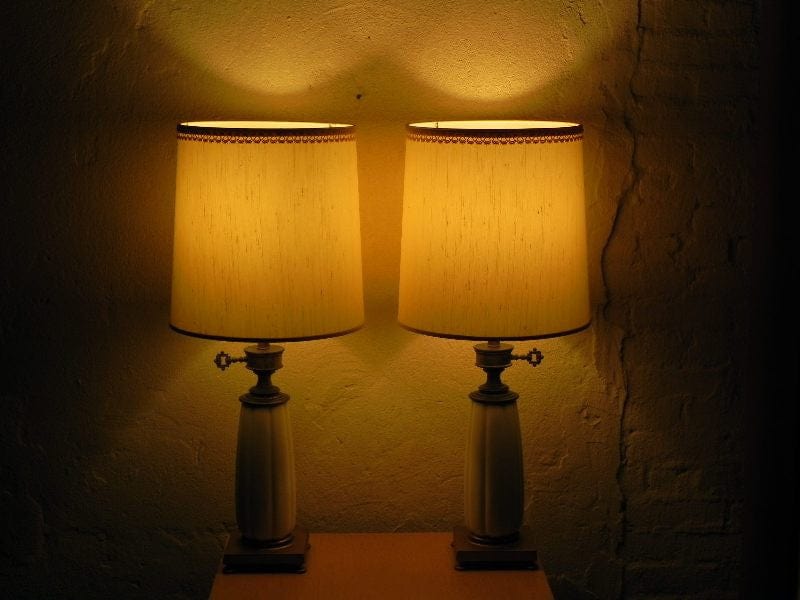 I Like Mike's Mid-Century Modern lighting Pair Stiffel White Ceramic Cast Brass Heavy Lamps With Original Shades