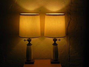 I Like Mike's Mid-Century Modern lighting Pair Stiffel White Ceramic Cast Brass Heavy Lamps With Original Shades