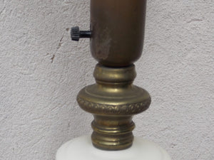 I Like Mike's Mid Century Modern lighting Pair White Ceramic & Glass Torchier Table Lamps with Gold Hibiscus Flower