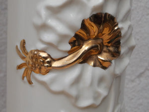 I Like Mike's Mid Century Modern lighting Pair White Ceramic & Glass Torchier Table Lamps with Gold Hibiscus Flower