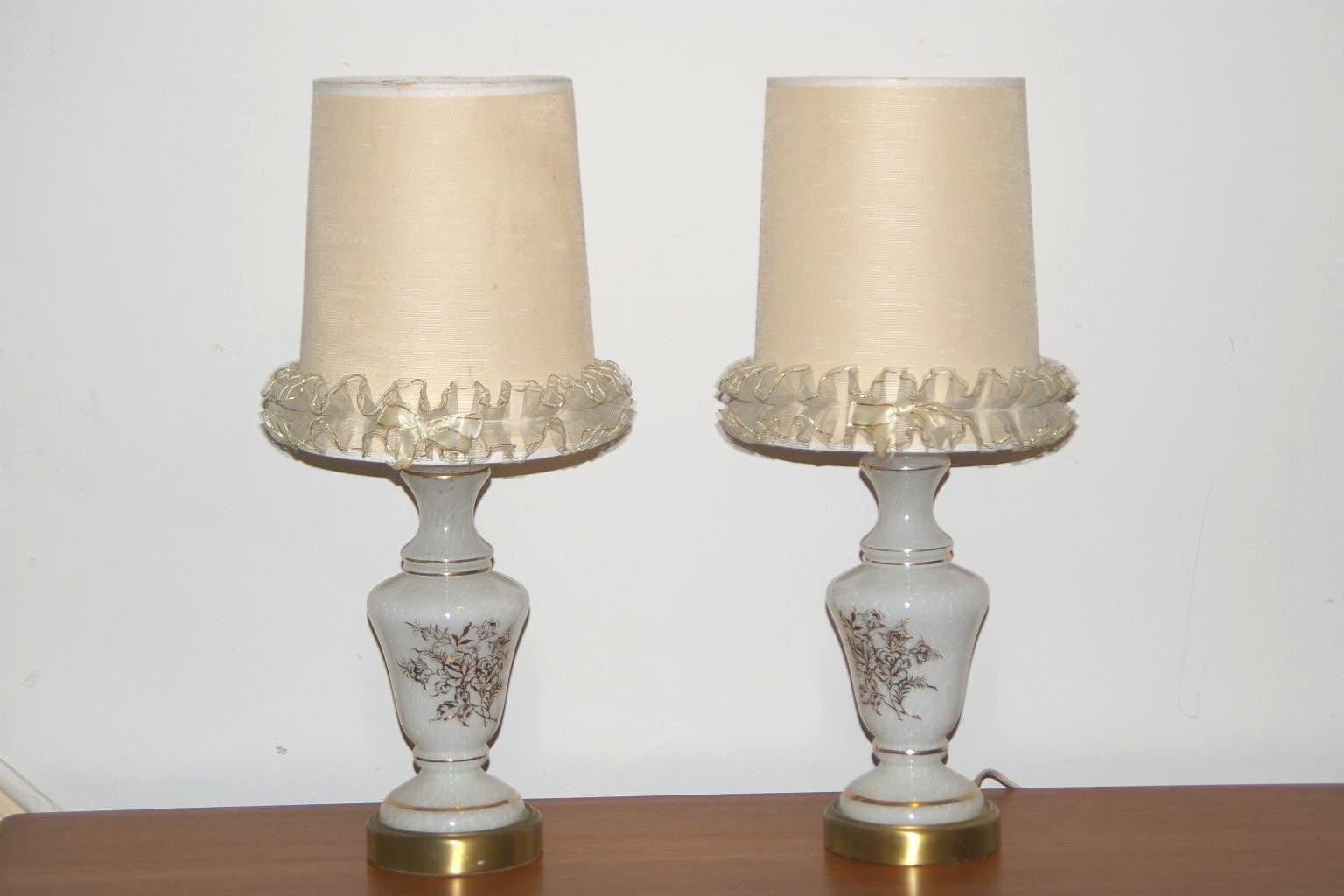 I Like Mike's Mid-Century Modern lighting Pair White Glass Gold Leaf Boudoir Lamps