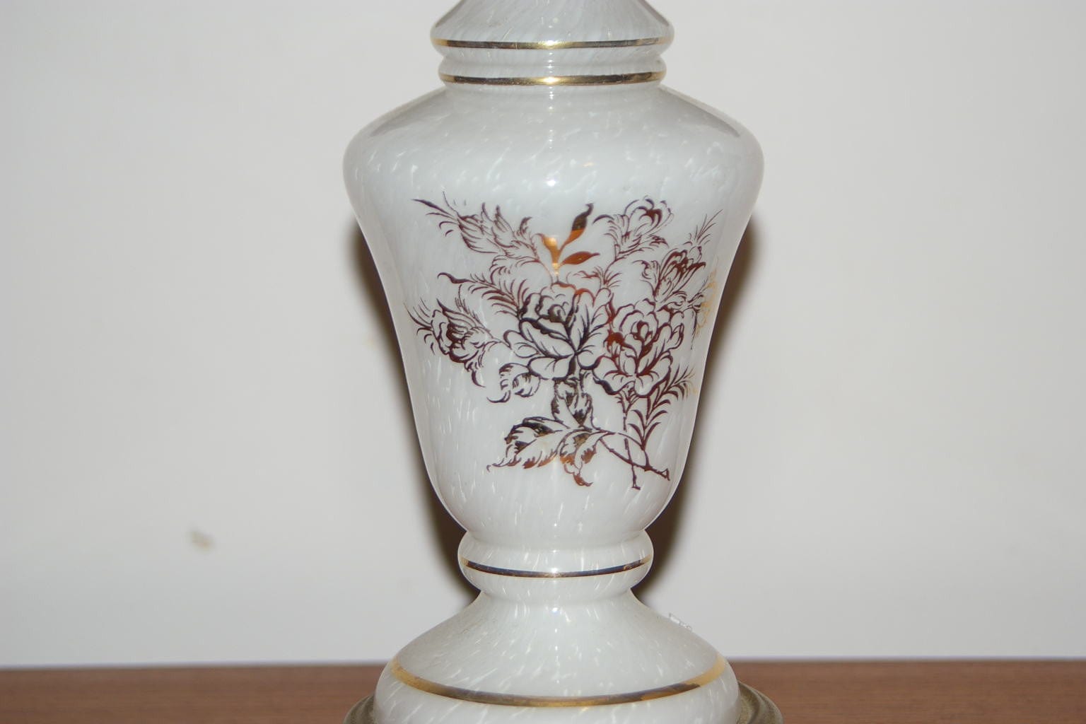 I Like Mike's Mid-Century Modern lighting Pair White Glass Gold Leaf Boudoir Lamps