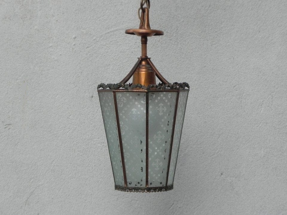I Like Mike's Mid Century Modern lighting Small Antique Copper Glass Pendant Lamp, Hanging Fixture