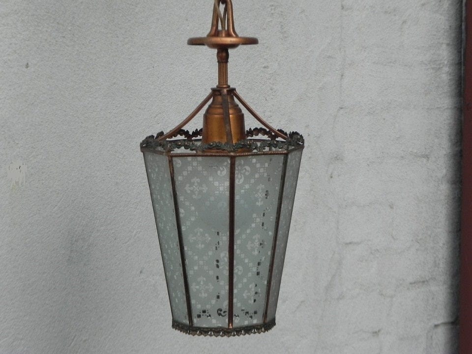 I Like Mike's Mid Century Modern lighting Small Antique Copper Glass Pendant Lamp, Hanging Fixture