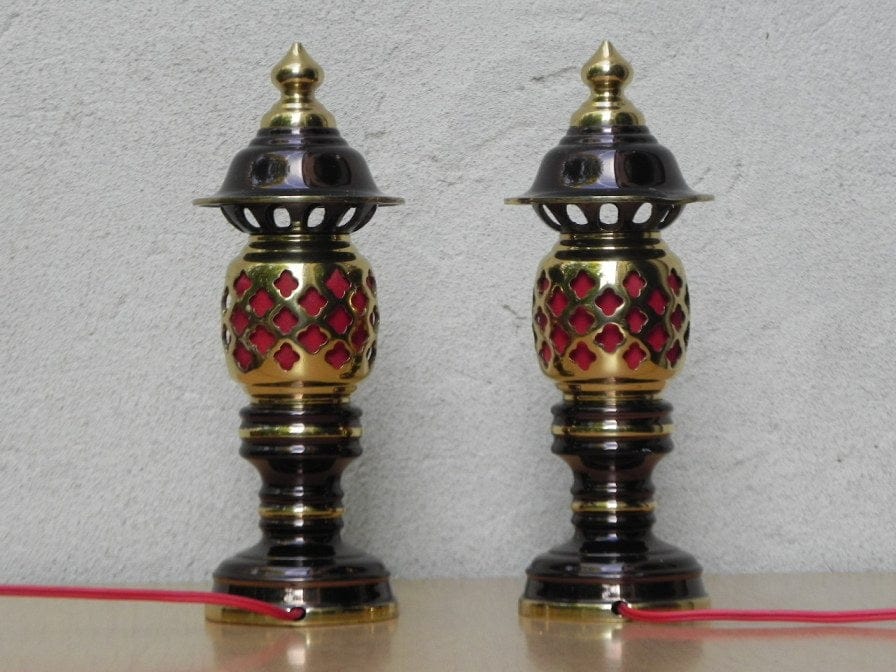 Small Brass & Red Asian Mini Accent Lamps - I Like Mikes Mid