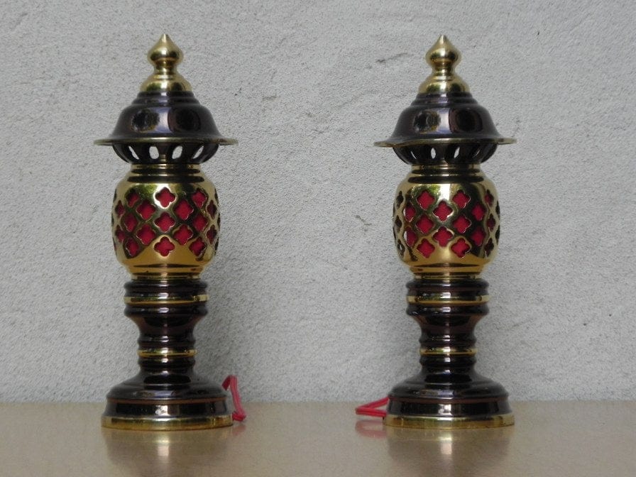 I Like Mike's Mid Century Modern lighting Small Brass & Red Asian Mini Accent Lamps