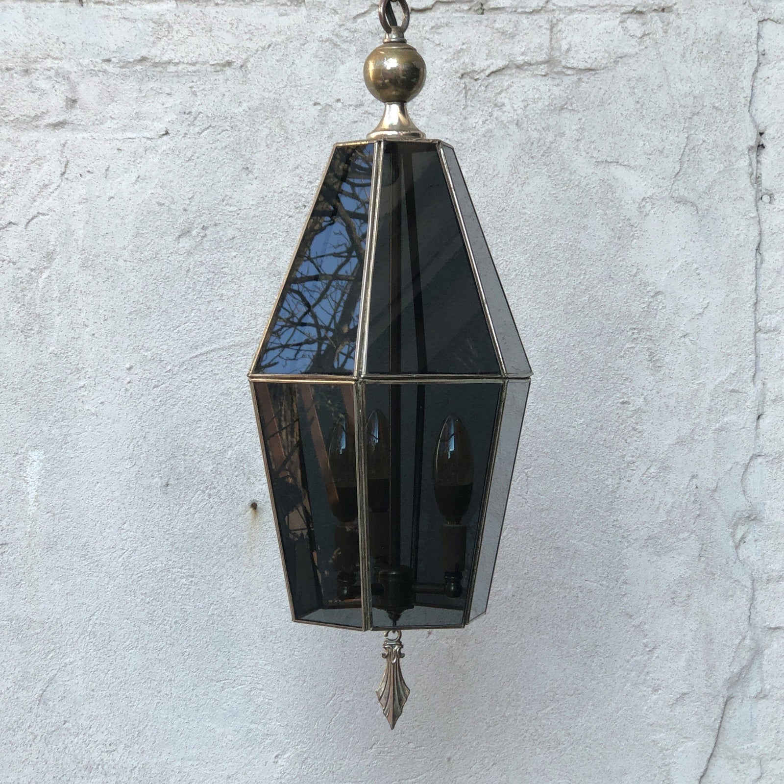 I Like Mike's Mid Century Modern lighting Smoked Glass Soldered Mid Century Pendant Chandelier with 3 LED Flame Bulbs