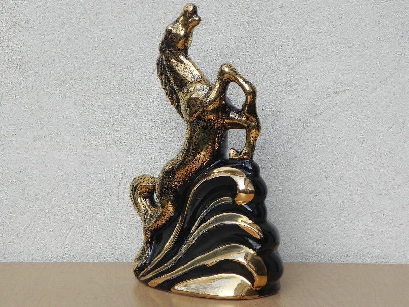I Like Mike's Mid Century Modern lighting Vintage Gold & Black Ceramic Horse TV Lamp
