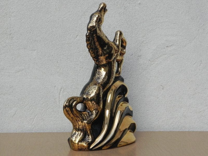 I Like Mike's Mid Century Modern lighting Vintage Gold & Black Ceramic Horse TV Lamp