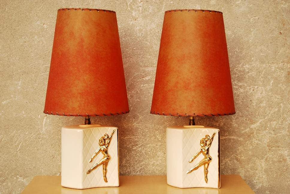 I Like Mike's Mid-Century Modern lighting White Ceramic Gilded Dancer Dresser Lamps
