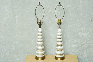 I Like Mike's Mid-Century Modern lighting White & Gold Ceramic Lamps with Vintage Fiberglass Shades