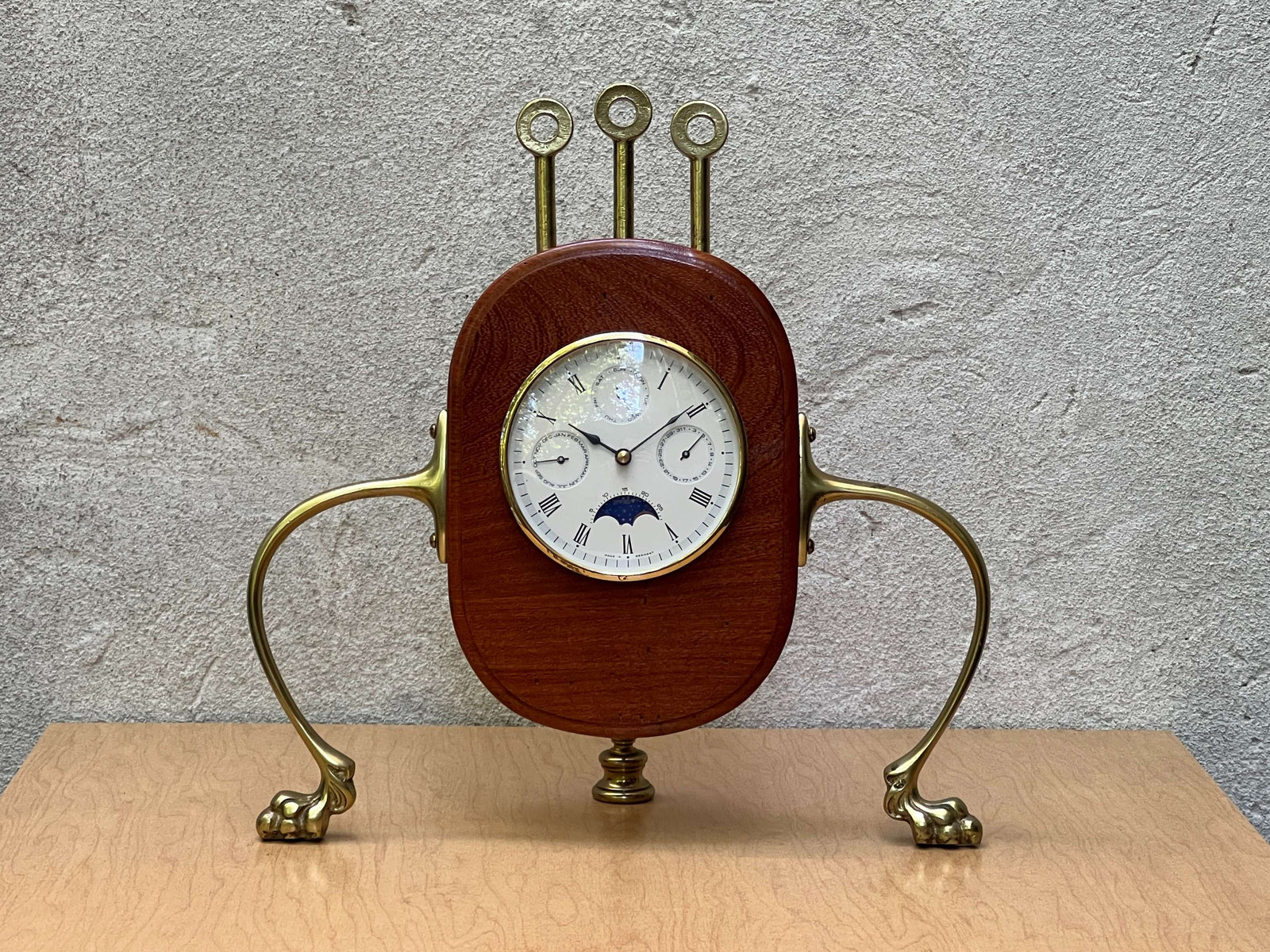 I Like Mike's Mid Century Modern mantel clock Fanciful Wood Brass Mantel Clock Signed 1992