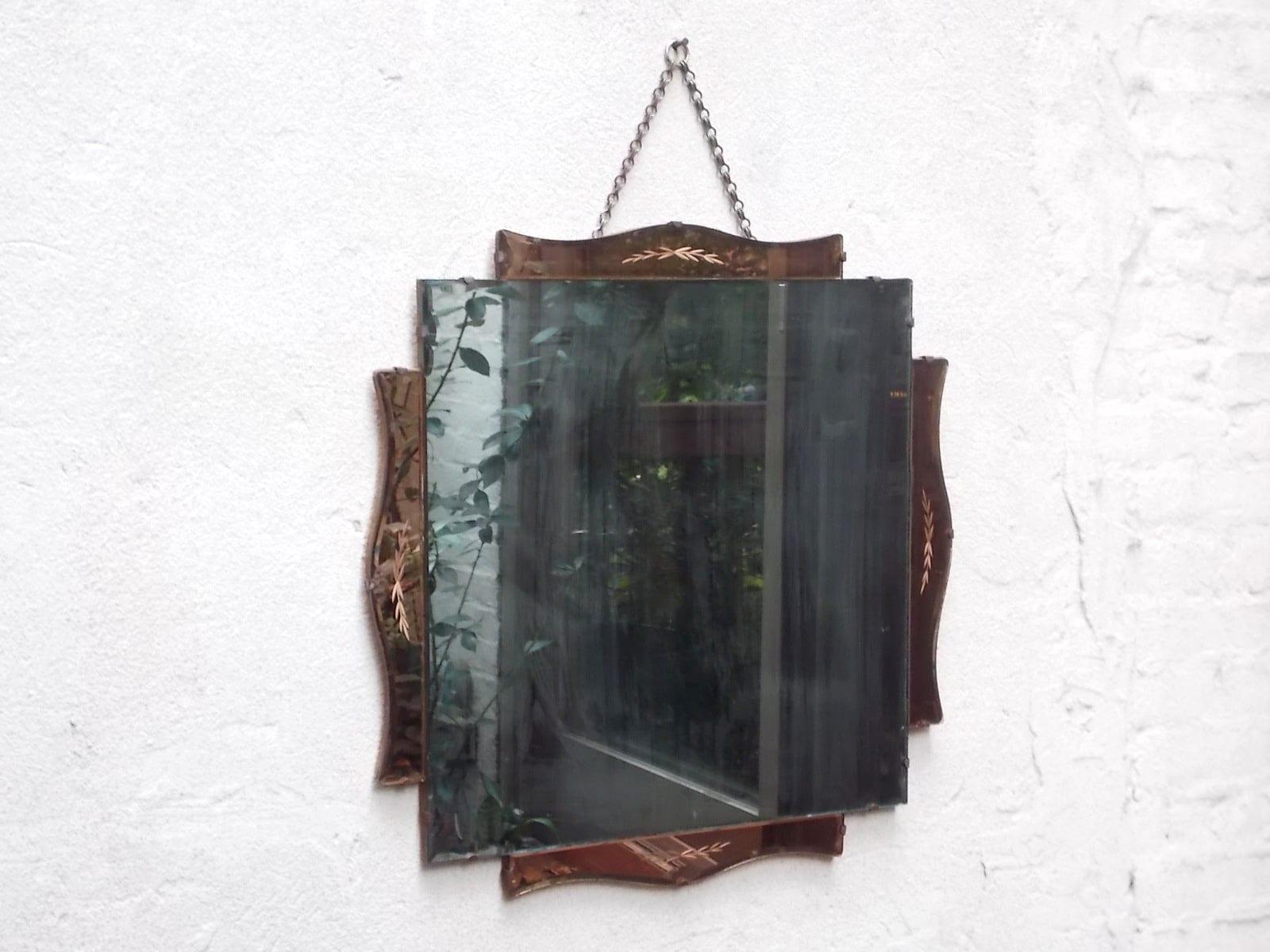 I Like Mike's Mid Century Modern Mirrors Antique Cut Glass Two-Tone Wall Mirror, Brown Glass, Decorative Etching