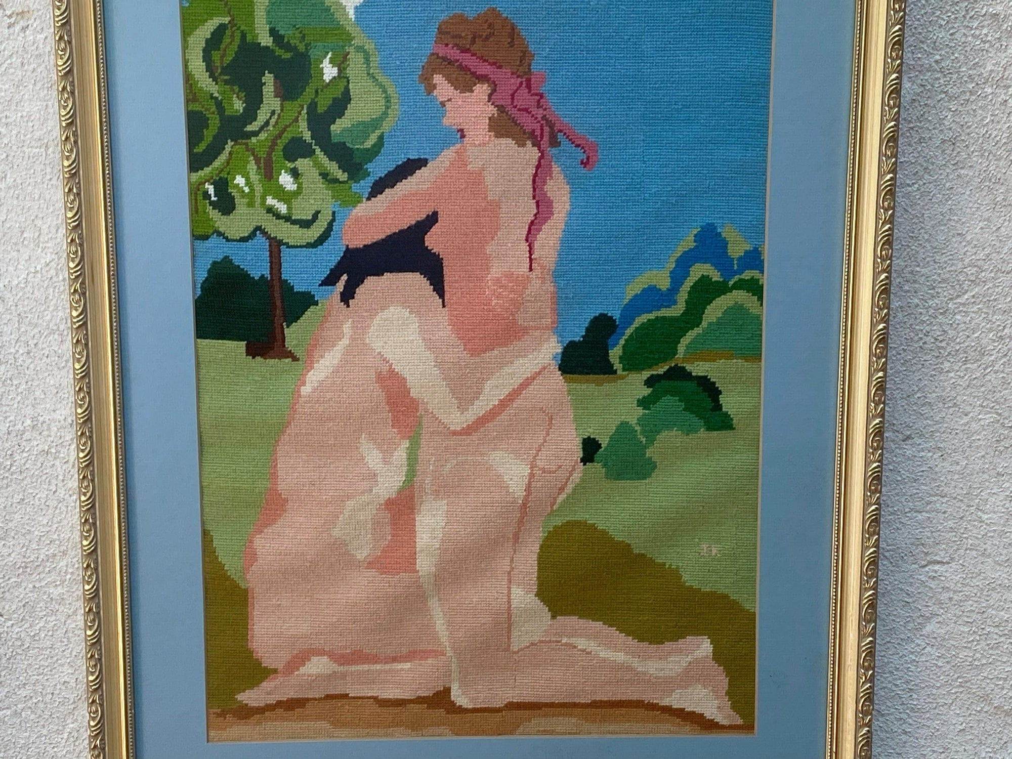 I Like Mike's Mid Century Modern Needlepoint Framed Needlepoint Nude, Woman Embracing, Greens and Blues