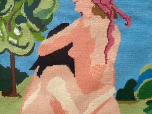 I Like Mike's Mid Century Modern Needlepoint Framed Needlepoint Nude, Woman Embracing, Greens and Blues