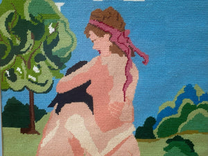 I Like Mike's Mid Century Modern Needlepoint Framed Needlepoint Nude, Woman Embracing, Greens and Blues