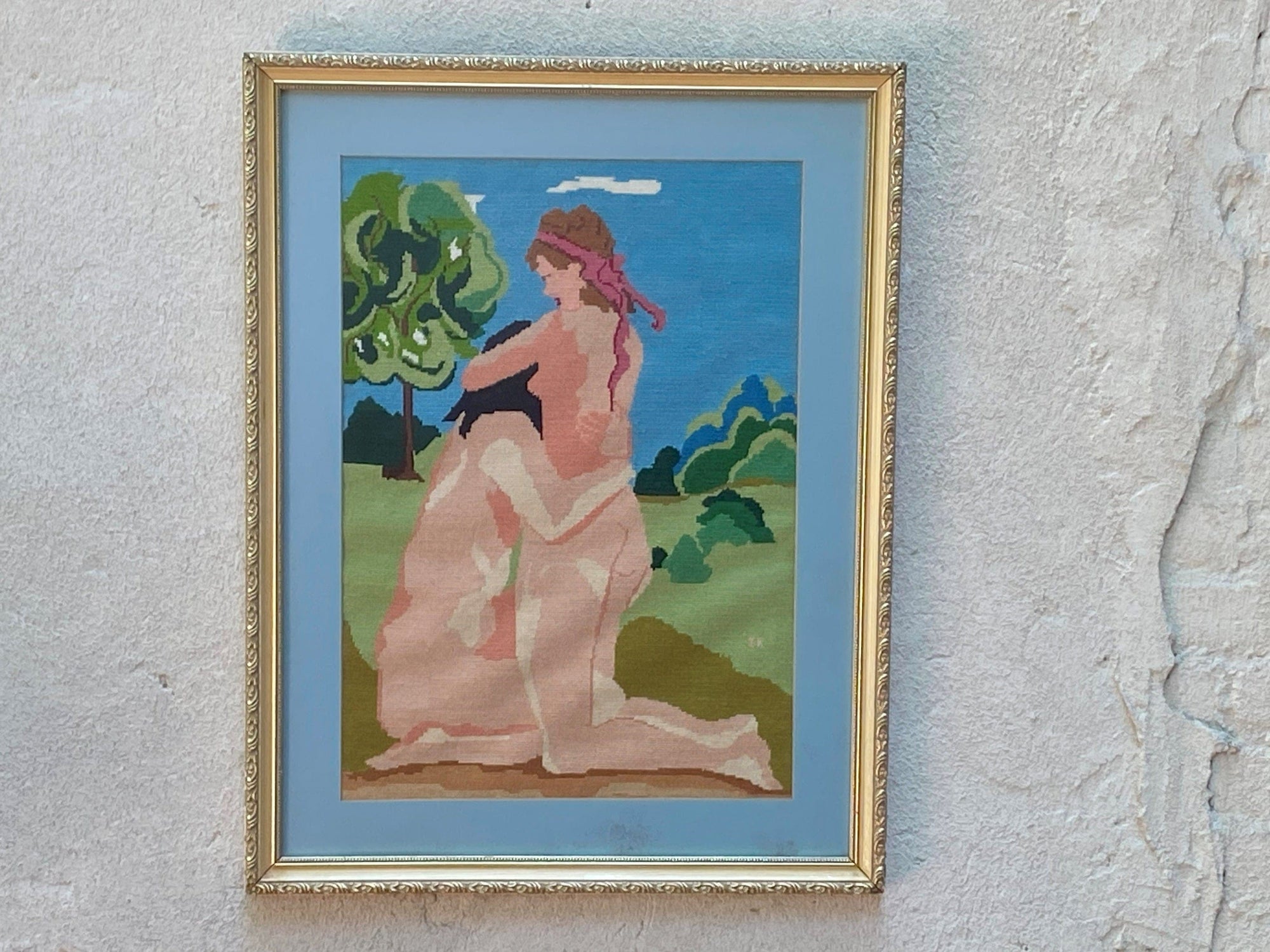 I Like Mike's Mid Century Modern Needlepoint Framed Needlepoint Nude, Woman Embracing, Greens and Blues