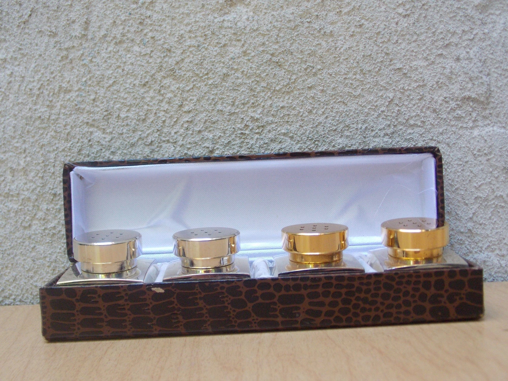 I Like Mike's Mid Century Modern Salt & Pepper Shakers Small Chromed Mixed Metals Salt & Pepper Shakers, Double Set in Box