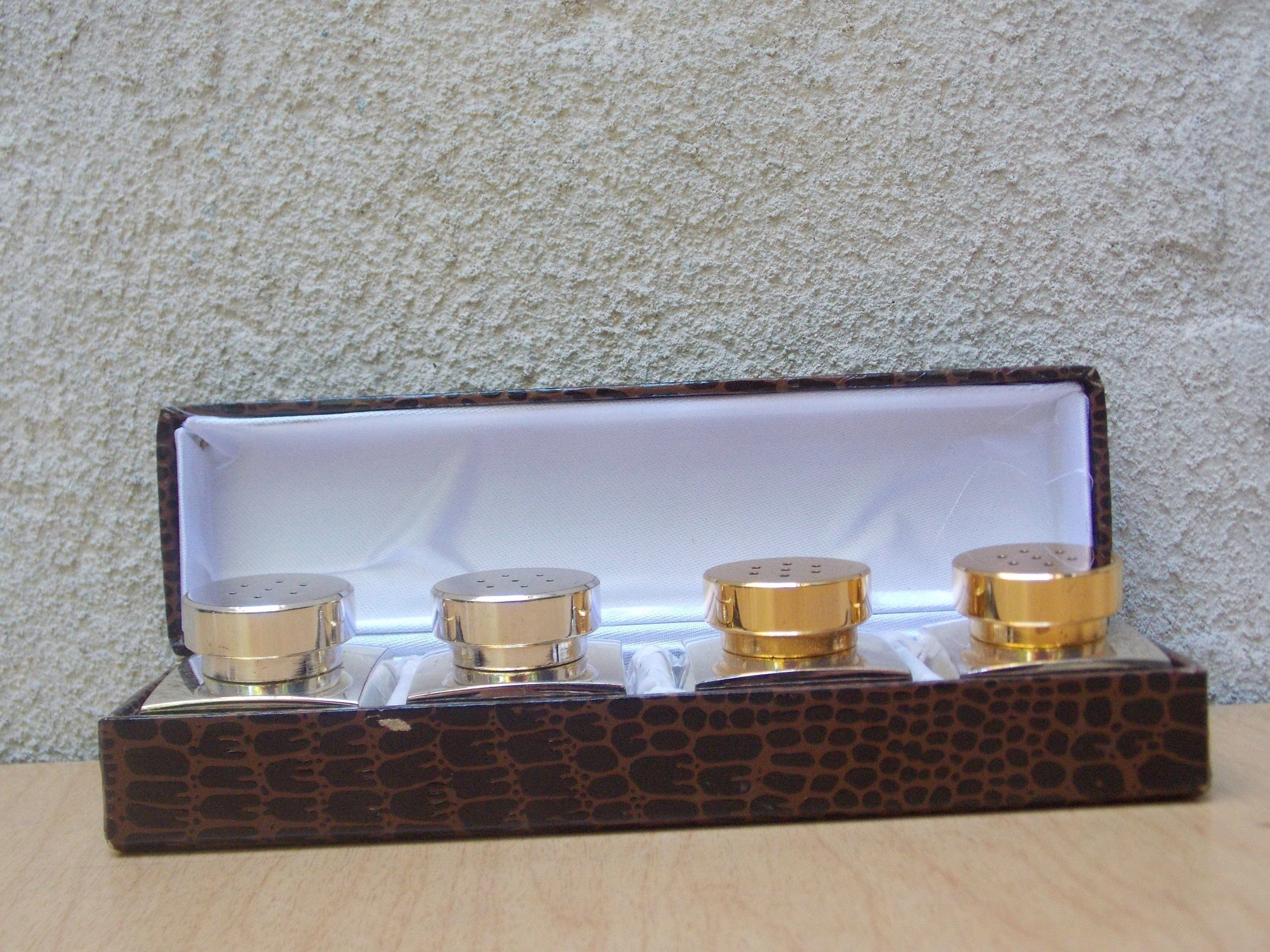 I Like Mike's Mid Century Modern Salt & Pepper Shakers Small Chromed Mixed Metals Salt & Pepper Shakers, Double Set in Box